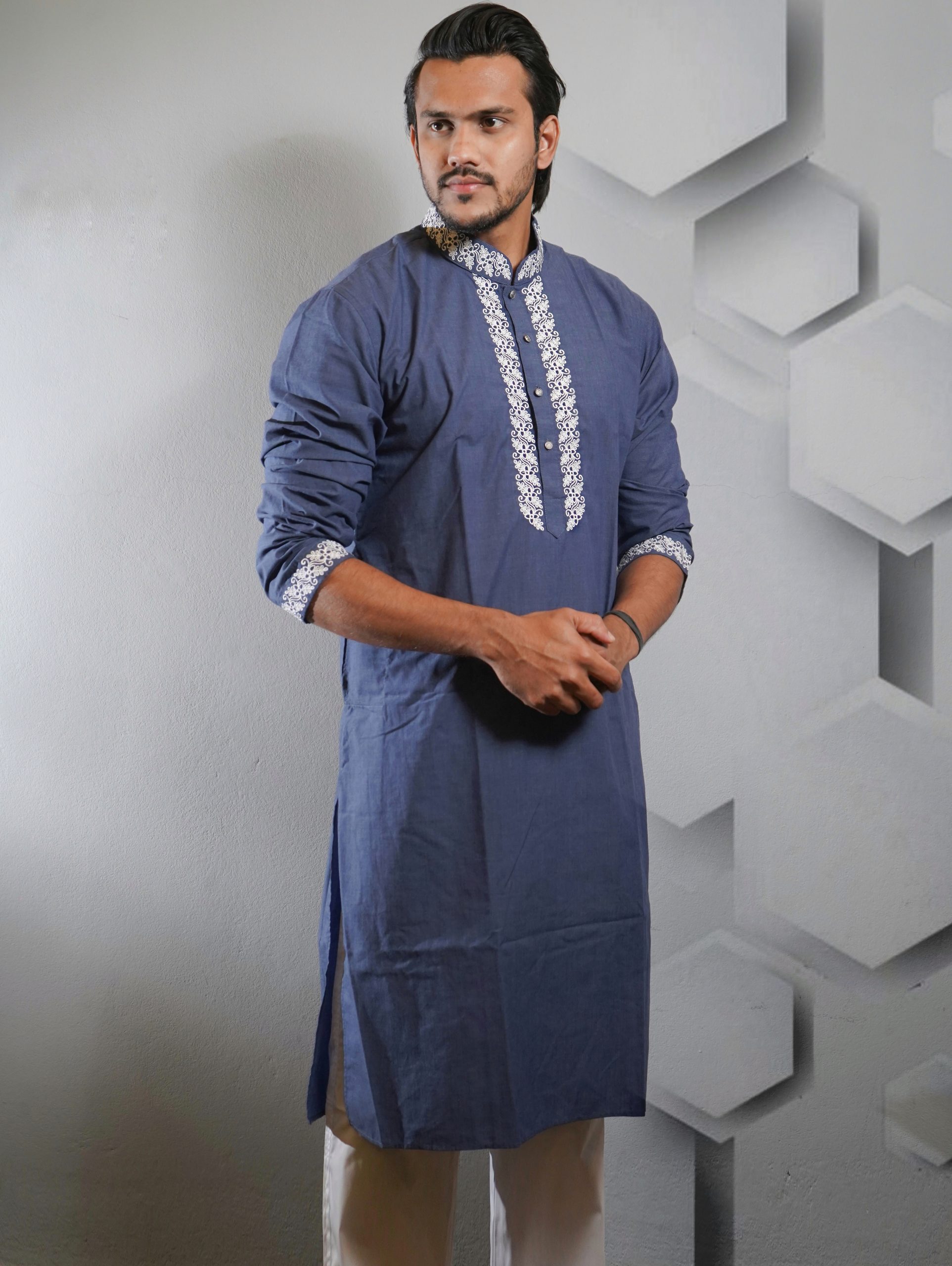 Embroidery Designed Grey Panjabi For Men Beshi Deshi